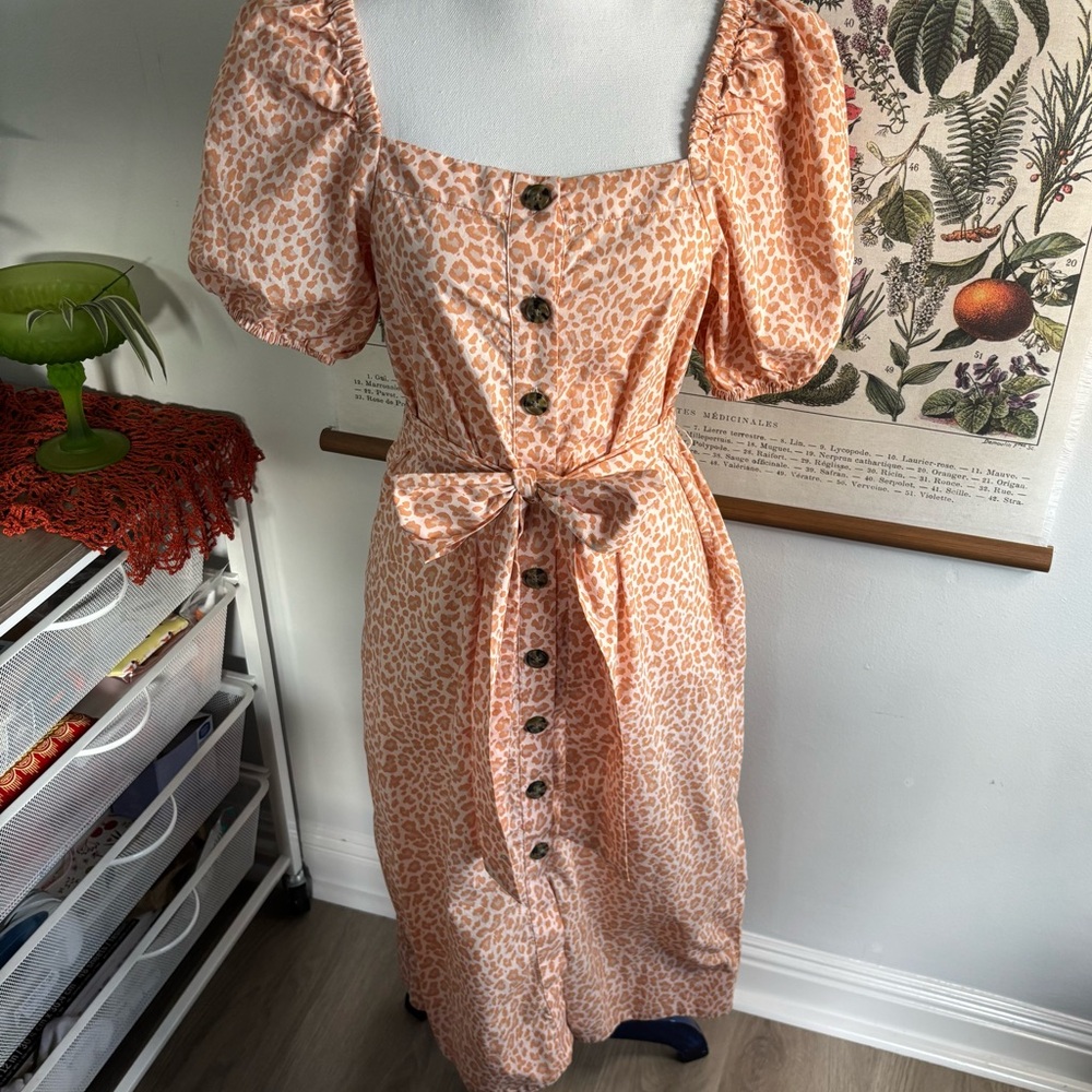 J Crew Pink Leopard Print Cotton Puff Sleeve Dress XS